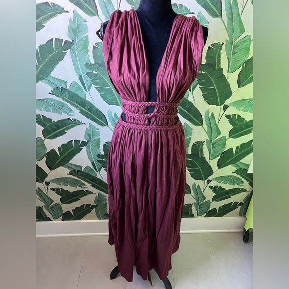 Tulum Bohemian Braided Belt Midi Dress Burgundy NWOT Size S - Picture 1 of 8